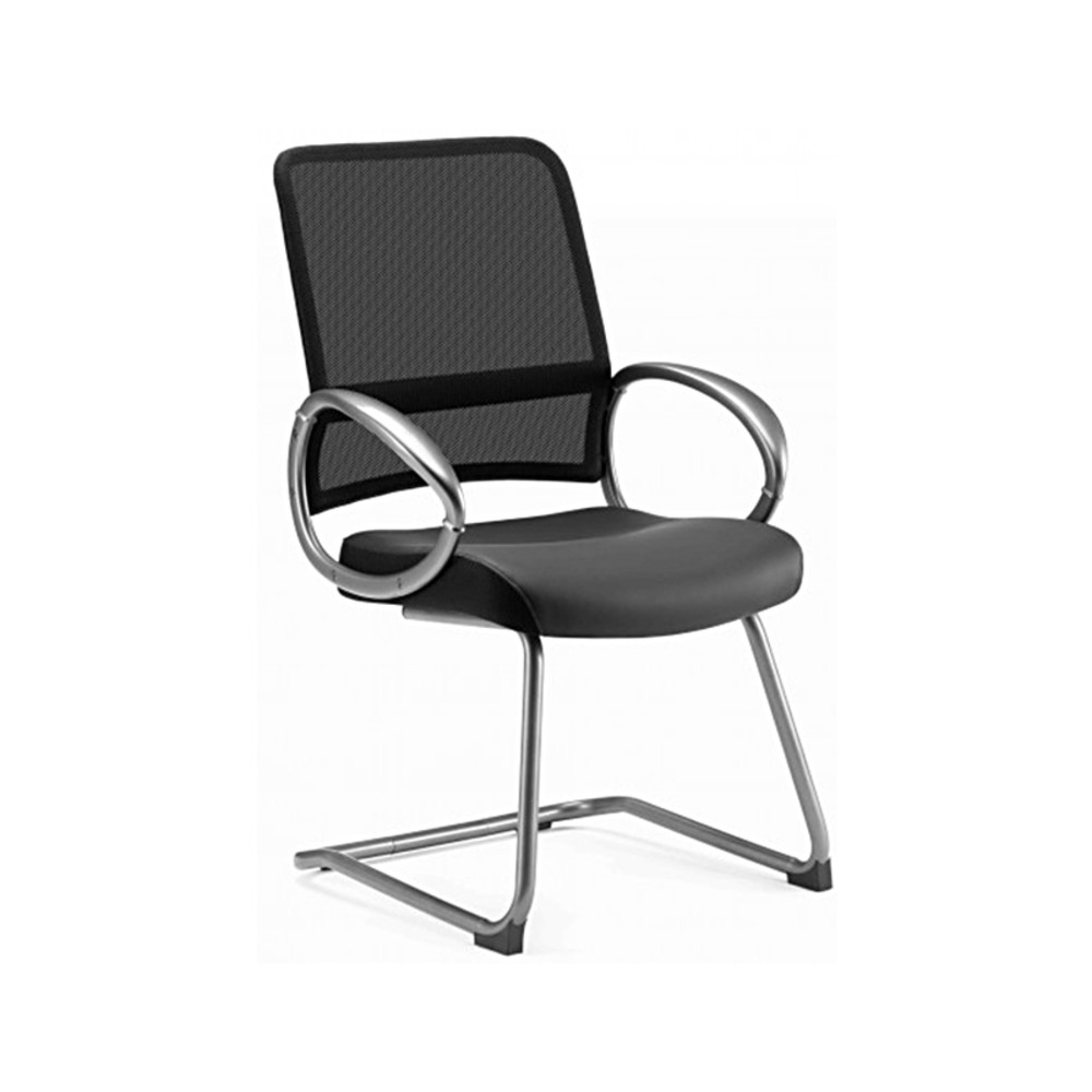 Sled Base Armchair With Mesh Backrest With Faux Leather Armrests For