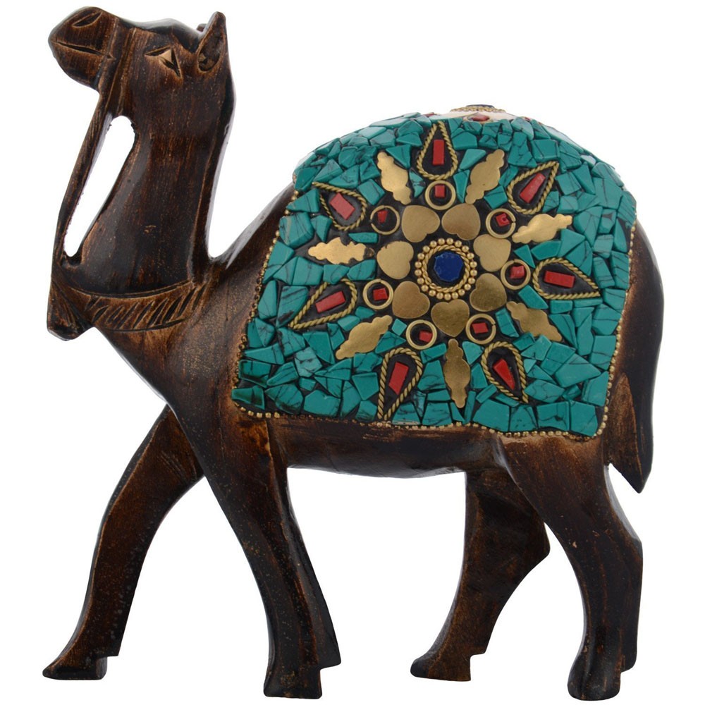 Wooden Gemstone Camel Standing Show Piece L2" x W5.5" x H6"