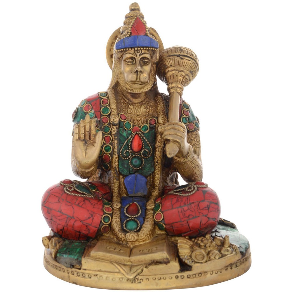 Brass Stonework Hanumanji Sitting Idol L6" x W4.5" x H7.5"