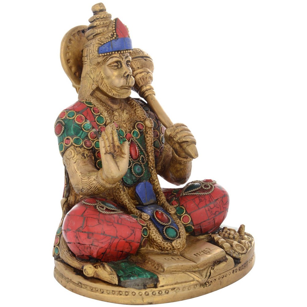 Brass Stonework Hanumanji Sitting Idol L6" x W4.5" x H7.5"